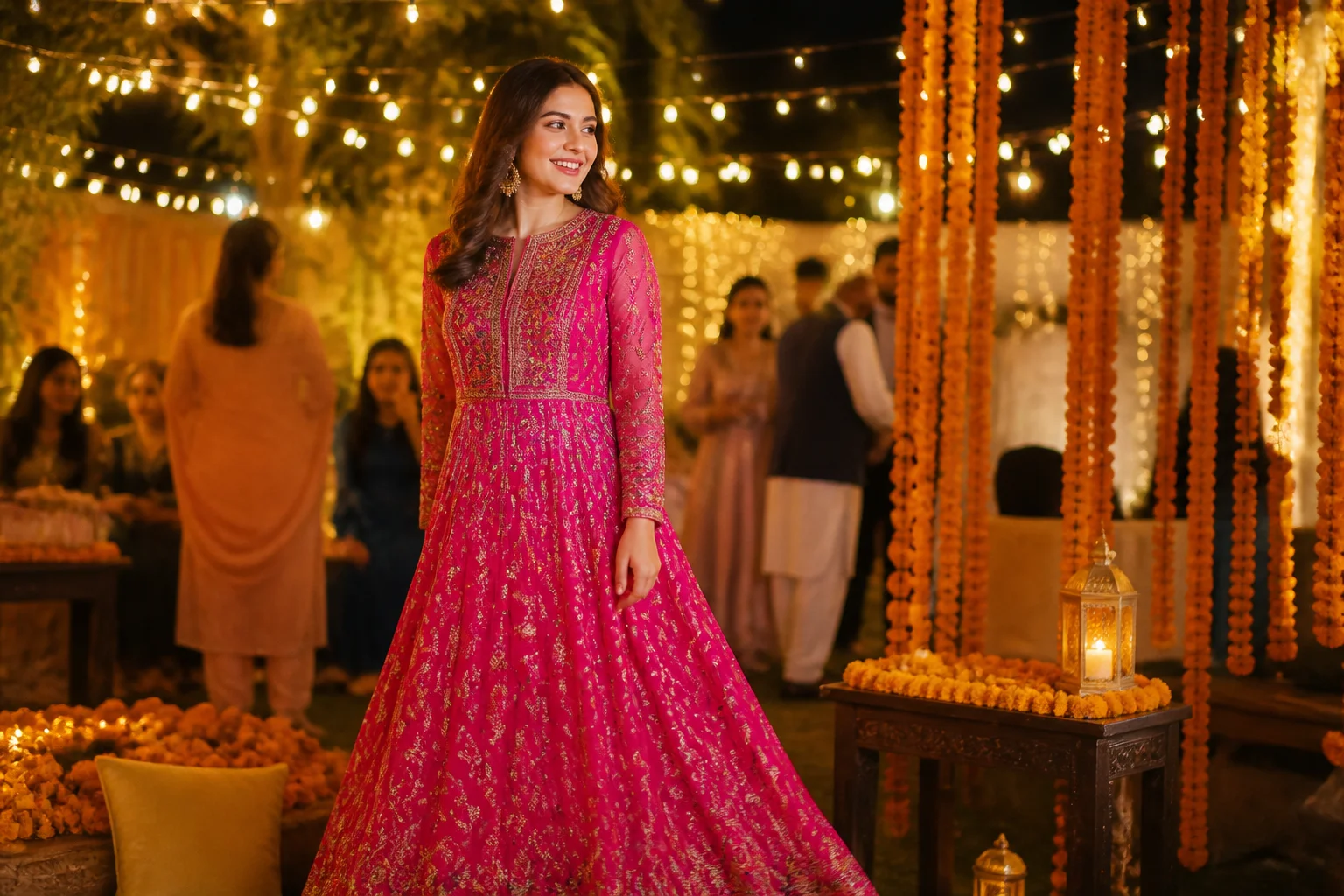 A woman in a vivid magenta embroidered maxi dress at a festively decorated mehndi-style event, the kind of vibrant occasion look Pakistani guests wear.