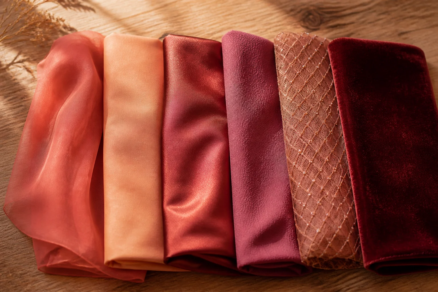 A flat-lay of chiffon, lawn, silk, georgette, net, and velvet fabric swatches, showing the range of materials used in Pakistani maxi dresses.