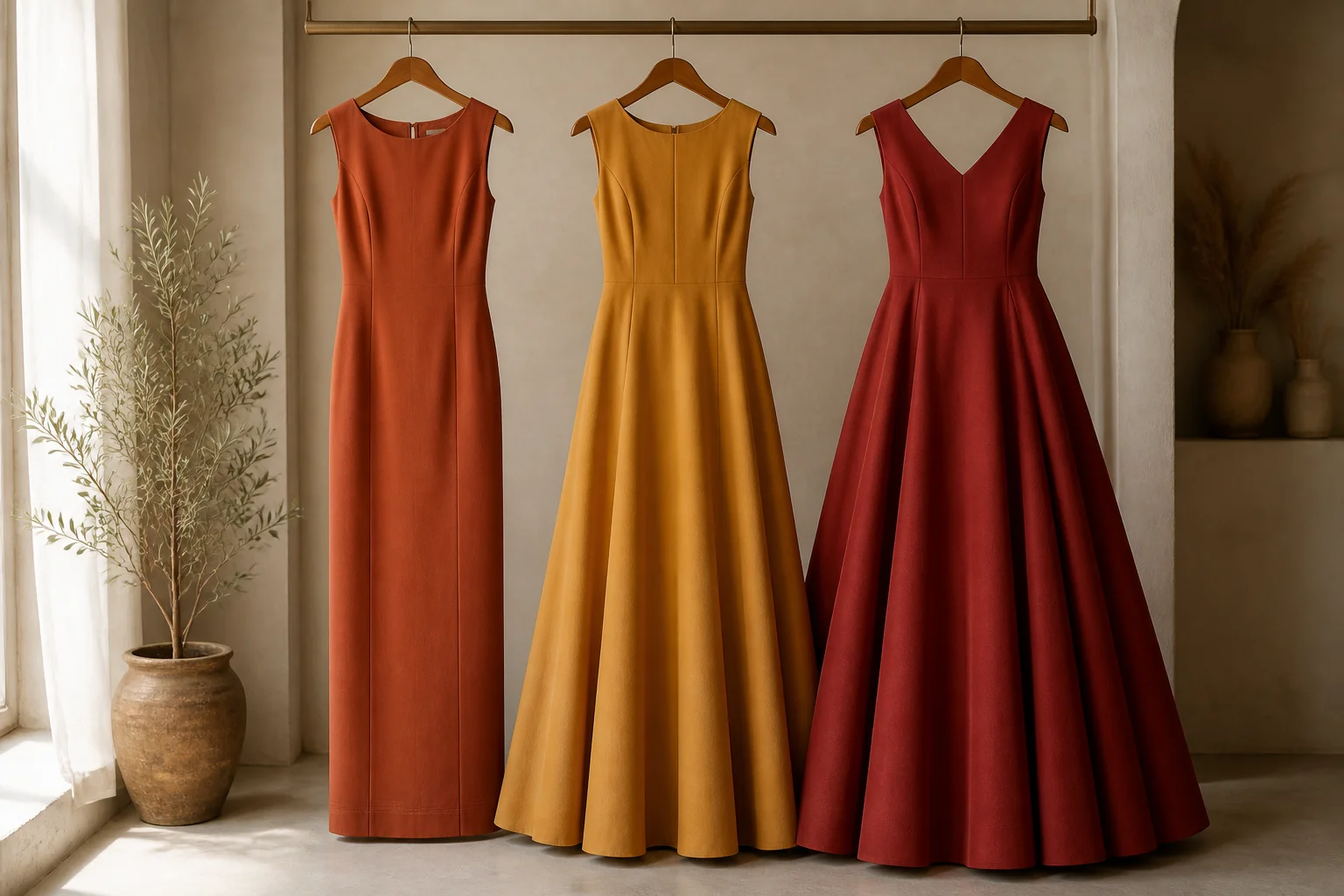 Three floor-length pret maxi dresses in different silhouettes — column, A-line, and fit-and-flare — shown together to compare the range of shapes Pakistani maxis come in.