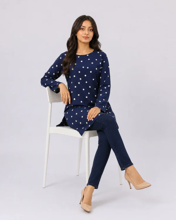 elrare navy moon dot tunic seated