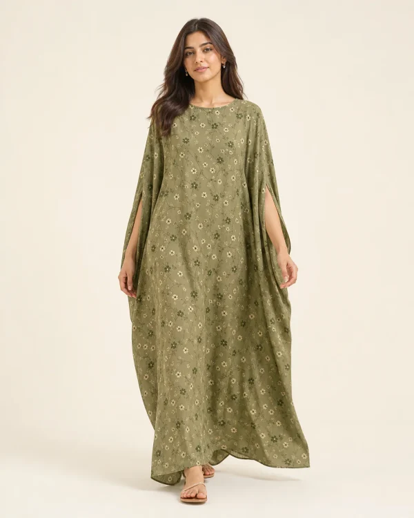 elrare olive meadow kaftan front view
