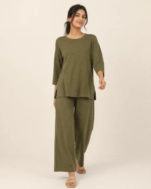 elrare olive side slit lounge front view