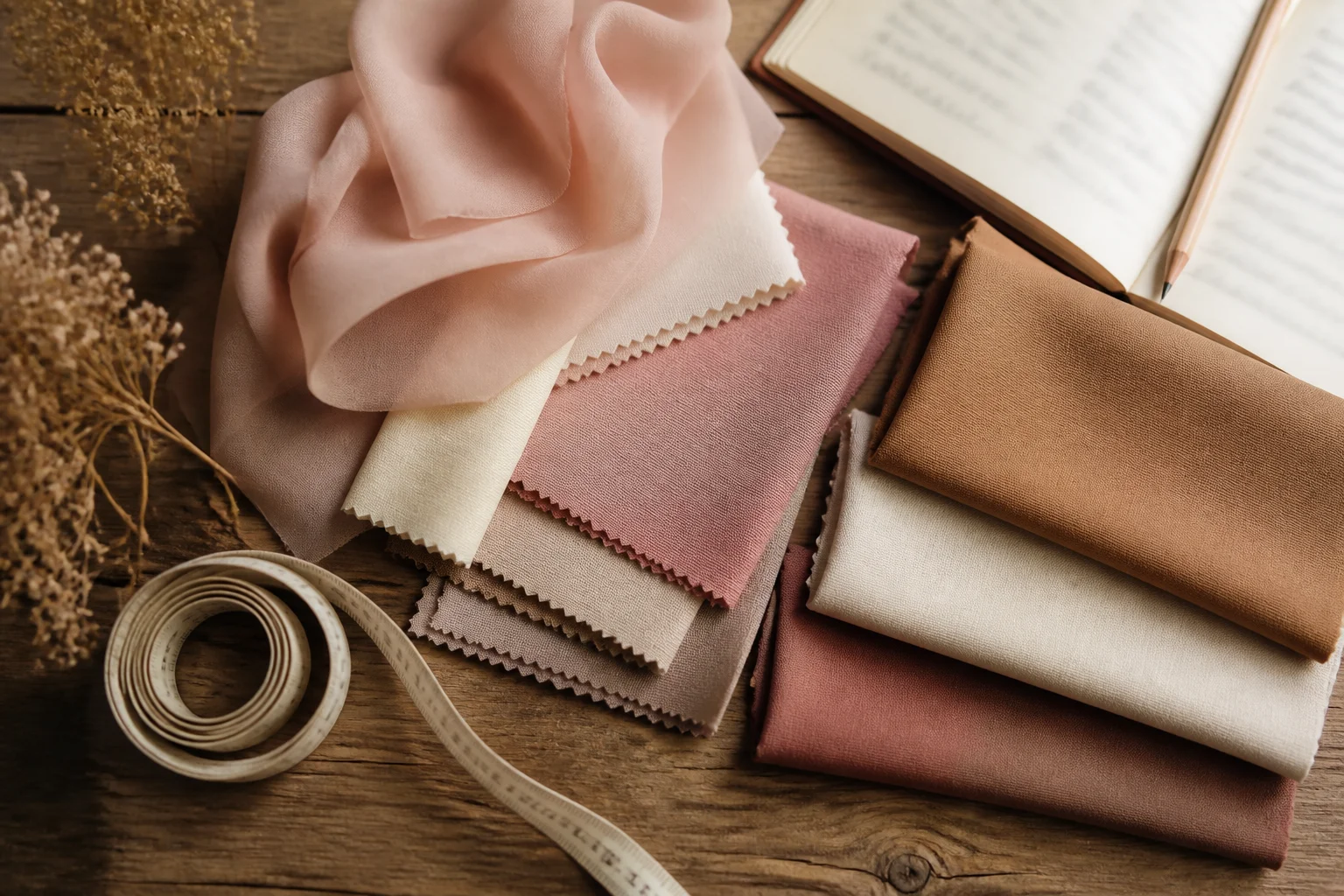 A flat-lay of chiffon, cotton, and crepe fabric swatches with a measuring tape and notebook for comparing brand fabric standards