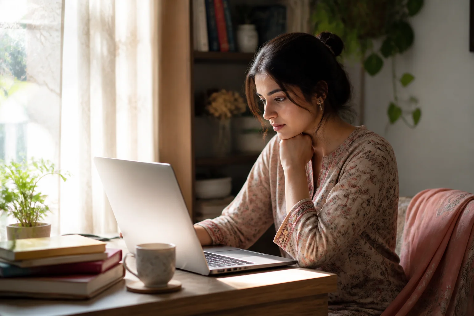A woman reading product descriptions on a laptop at a sunlit desk while researching a Pakistani clothing brand