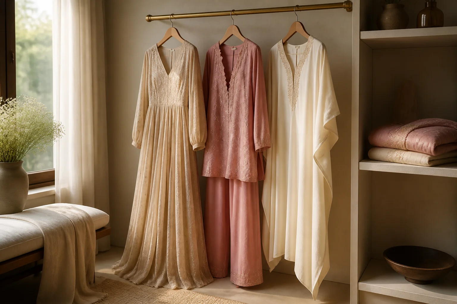 A curated wardrobe rail of maxis, co-ords, and kaftans in soft neutral tones representing a well-rounded Pakistani pret collection