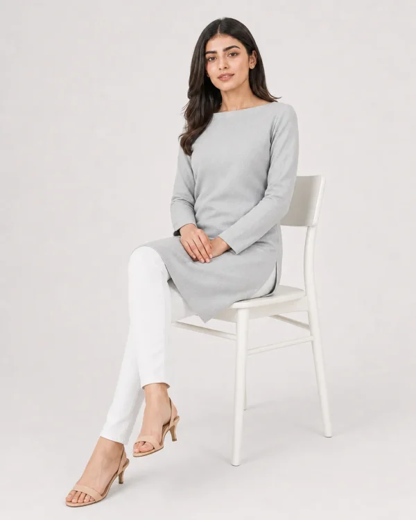 elrare pearl grey tunic seated