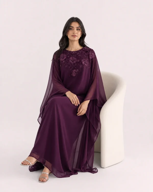 elrare plum organza kaftan seated