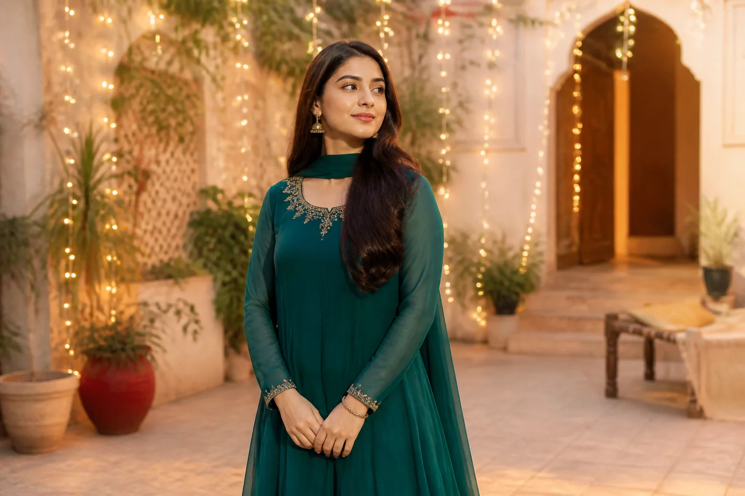 Woman in an embroidered emerald maxi dressed for a festive Eid occasion