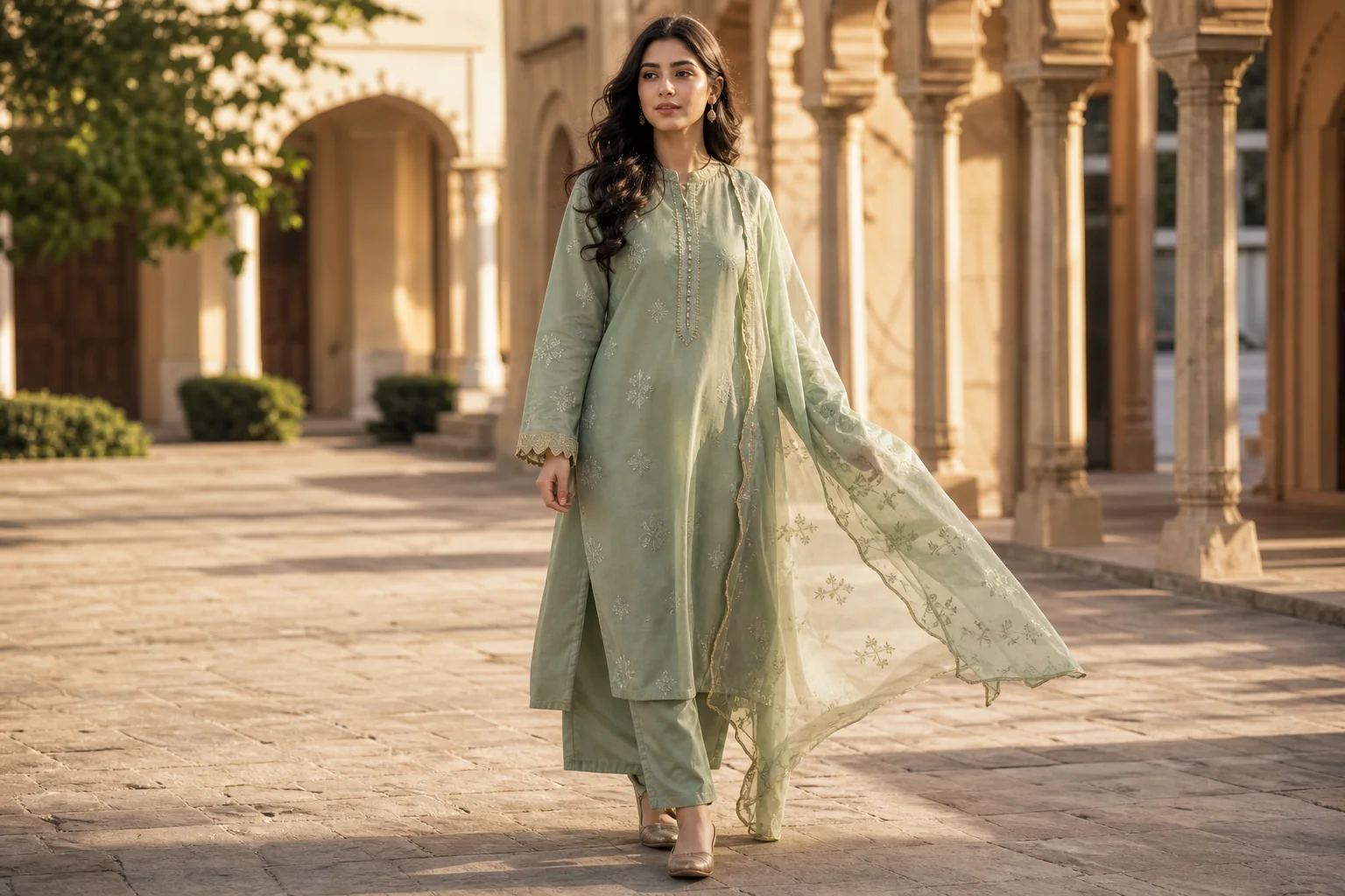 Pakistani woman in a sage green pret co-ord with flowing dupatta walking through a sunlit courtyard