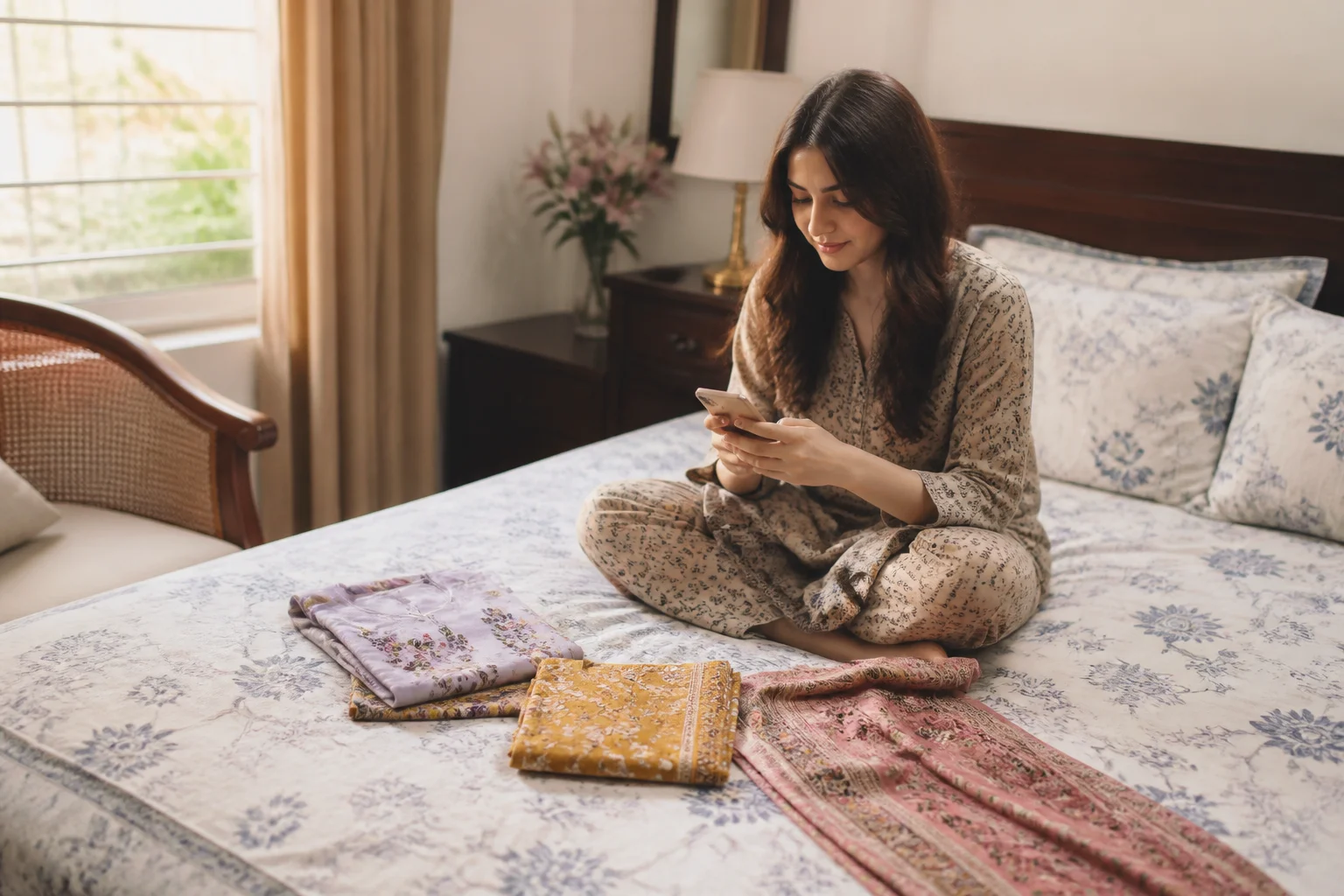 Woman looking at her phone while shopping for pret online, garments laid out beside her