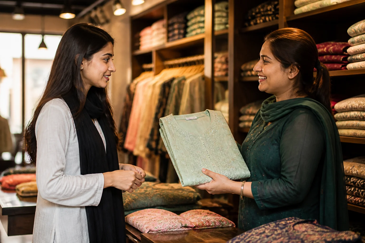 A woman discussing a folded maxi dress with a boutique shopkeeper, the kind of ready-to-wear versus pret conversation buyers have in Pakistani shops.