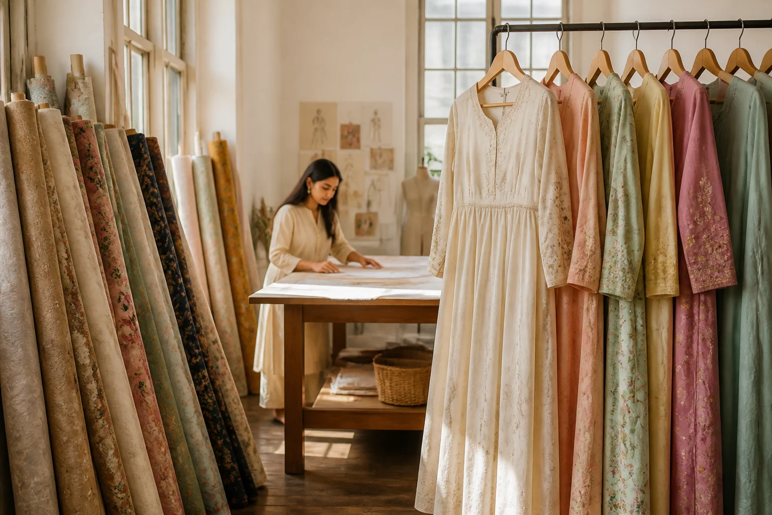 A Pakistani fashion design studio with bolts of unstitched fabric beside a rack of finished pret dresses, showing the shift from tailored to ready-to-wear.
