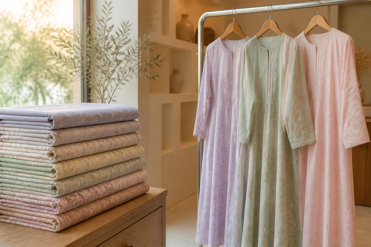 Folded unstitched fabric bolts next to a rack of finished pret maxi dresses, illustrating the move from fabric-first to ready-to-wear shopping in Pakistan.