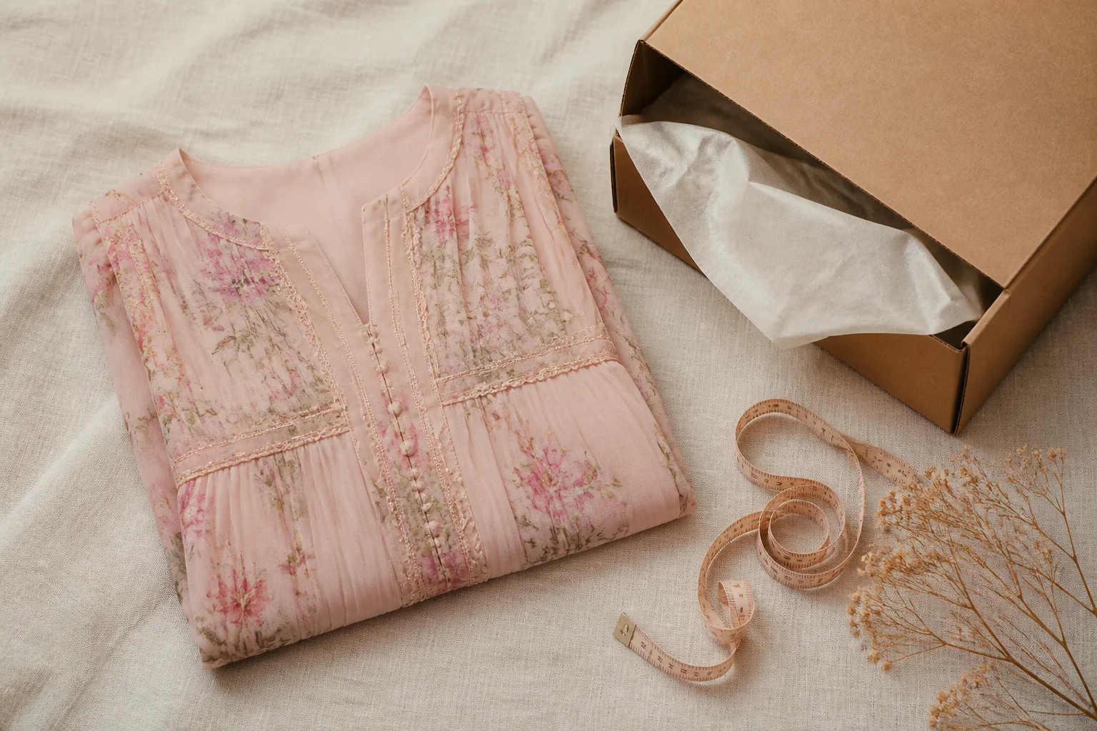 A folded pastel pret maxi dress with a measuring tape and shipping box, showing how ready-to-wear sizing and delivery work in Pakistan.