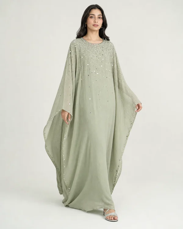 elrare sage mirror work kaftan front view