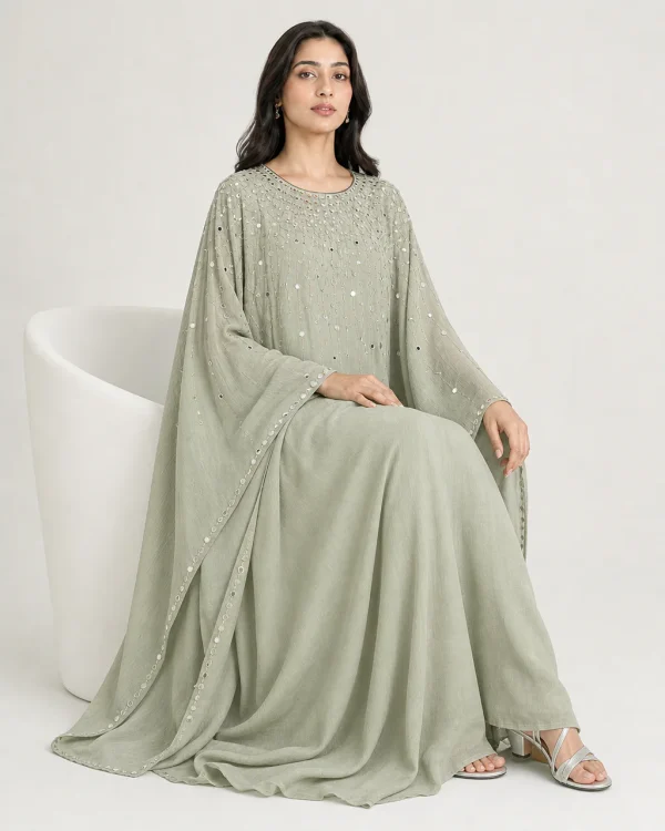 elrare sage mirror work kaftan seated