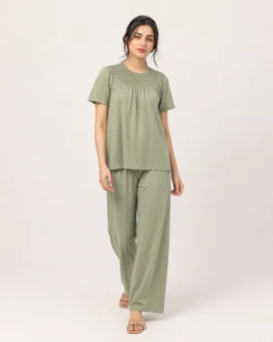 elrare sage smocking yoke lounge front view