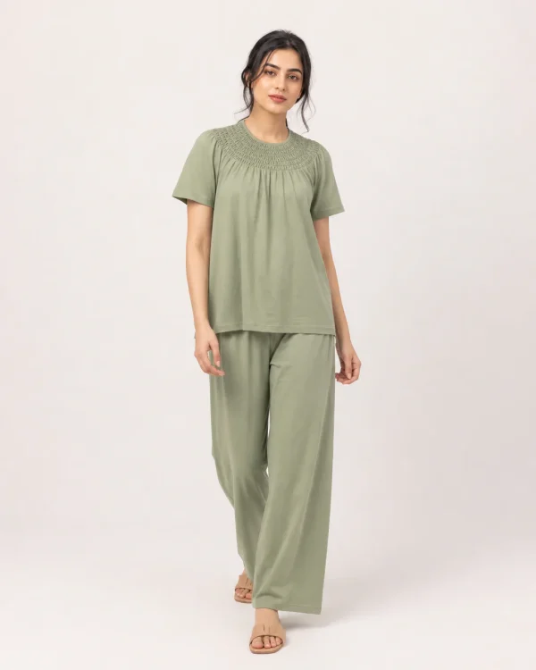 elrare sage smocking yoke lounge front view