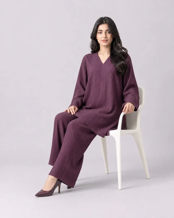 elrare smoky plum crinkle coords seated