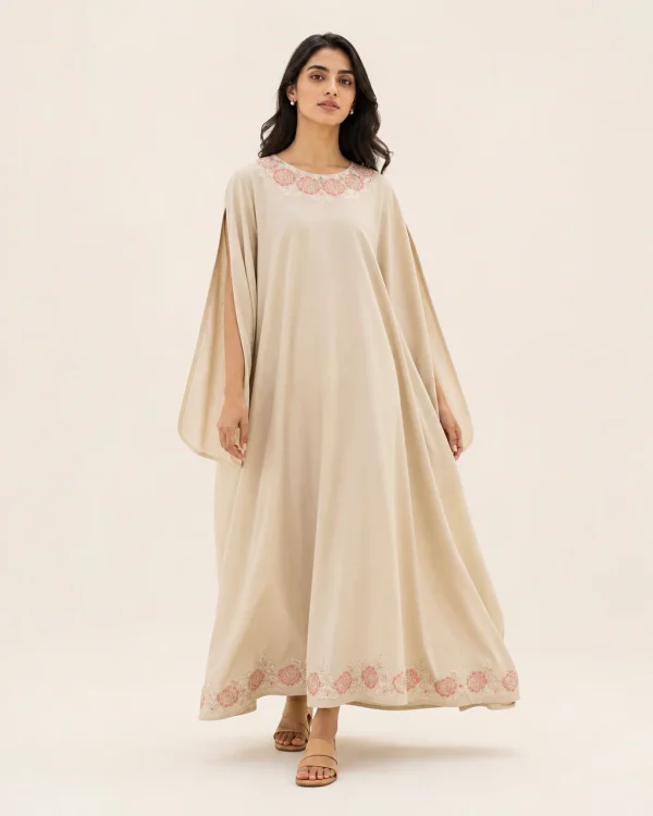 elrare stone beige resham kaftan front view