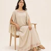 elrare stone beige resham kaftan seated
