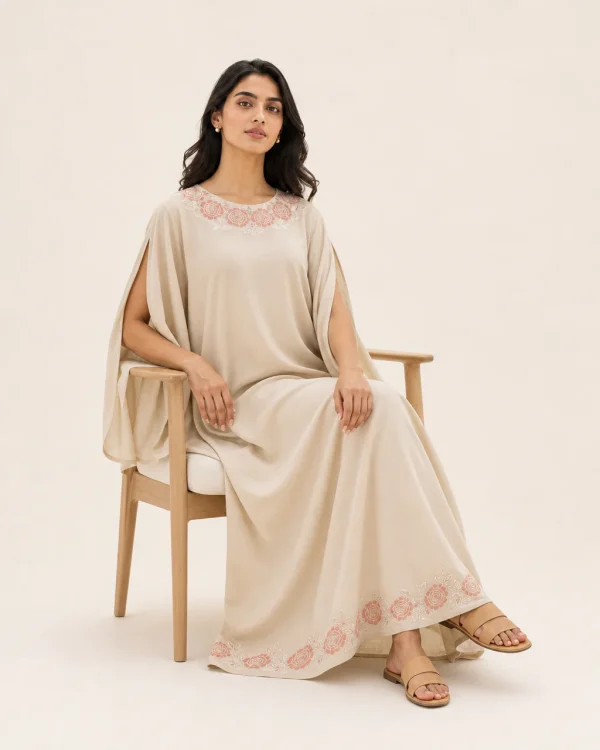 elrare stone beige resham kaftan seated