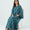 elrare teal paisley kaftan seated