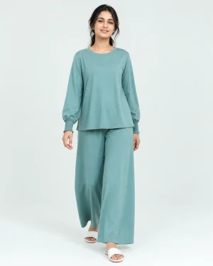 elrare teal smocking sleeve lounge front view