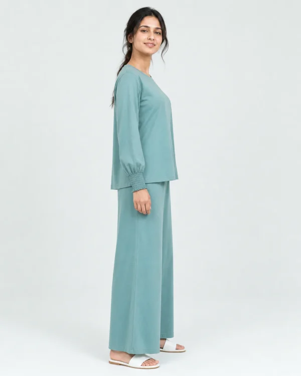 elrare teal smocking sleeve lounge side view
