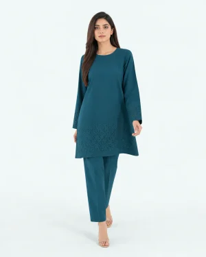 elrare teal tonal schiffli coords front view