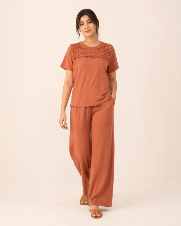 elrare terracotta crochet panel lounge front view
