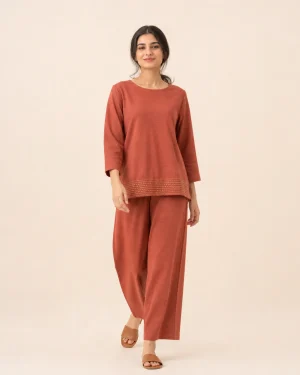elrare terracotta kantha trim lounge front view