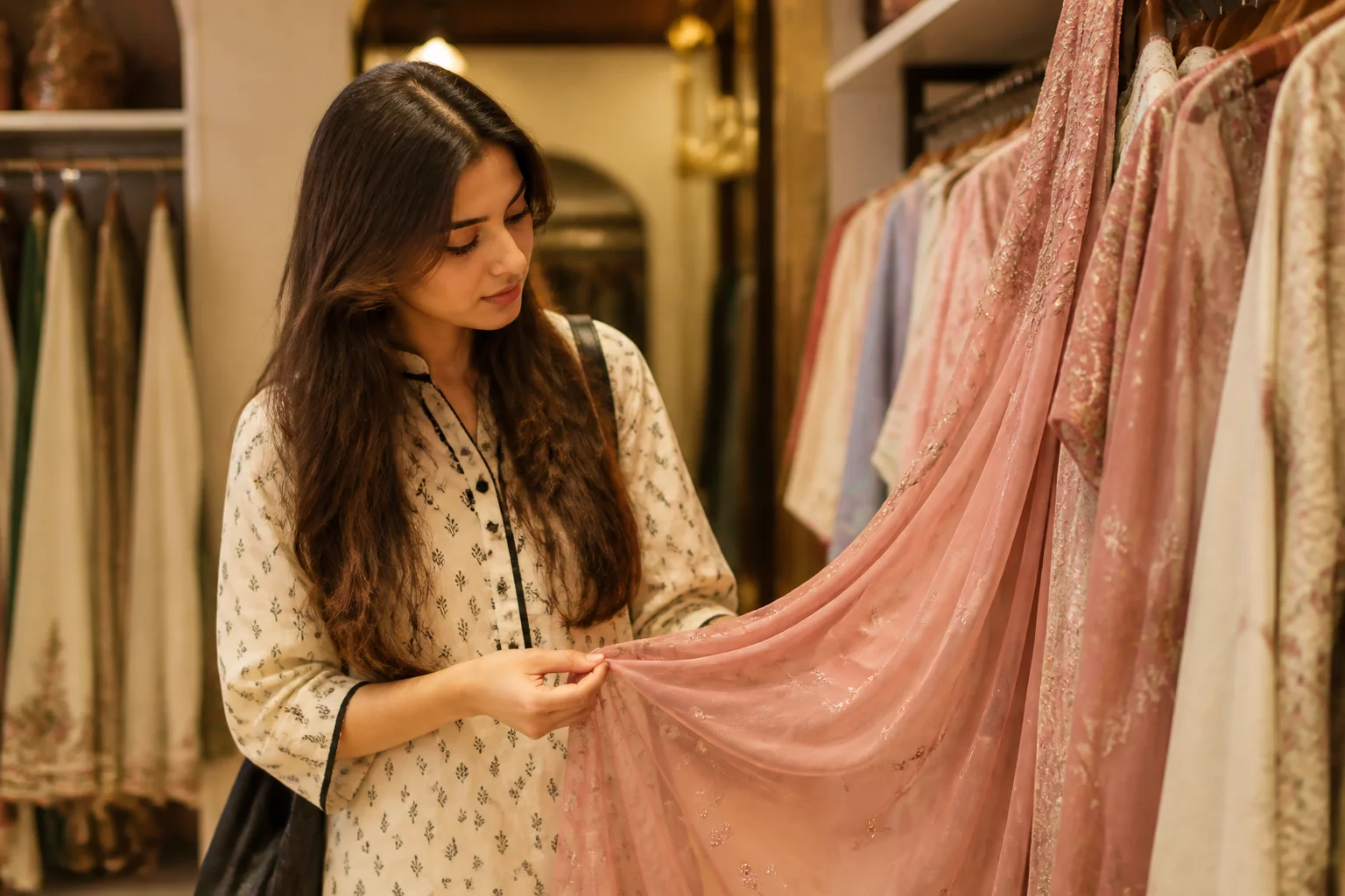 Woman feeling the fabric weight of a pret maxi while shopping, checking finishing before buying