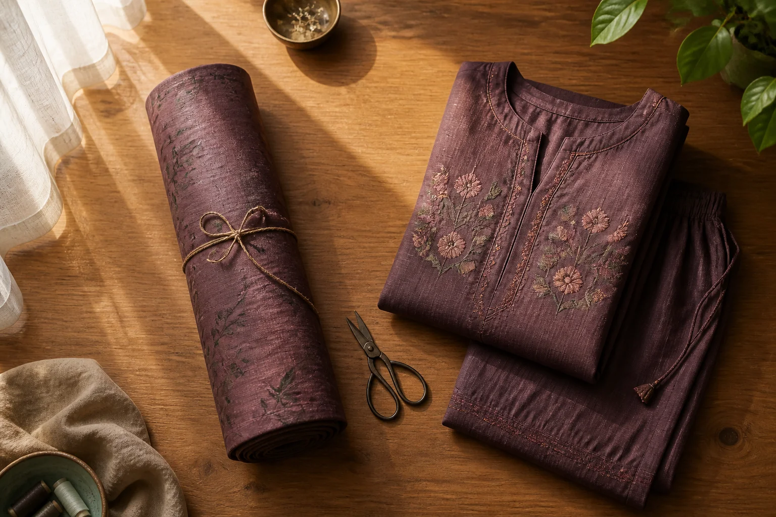 Unstitched fabric bundle next to a finished pret co-ord, illustrating the two ways to buy Pakistani clothing