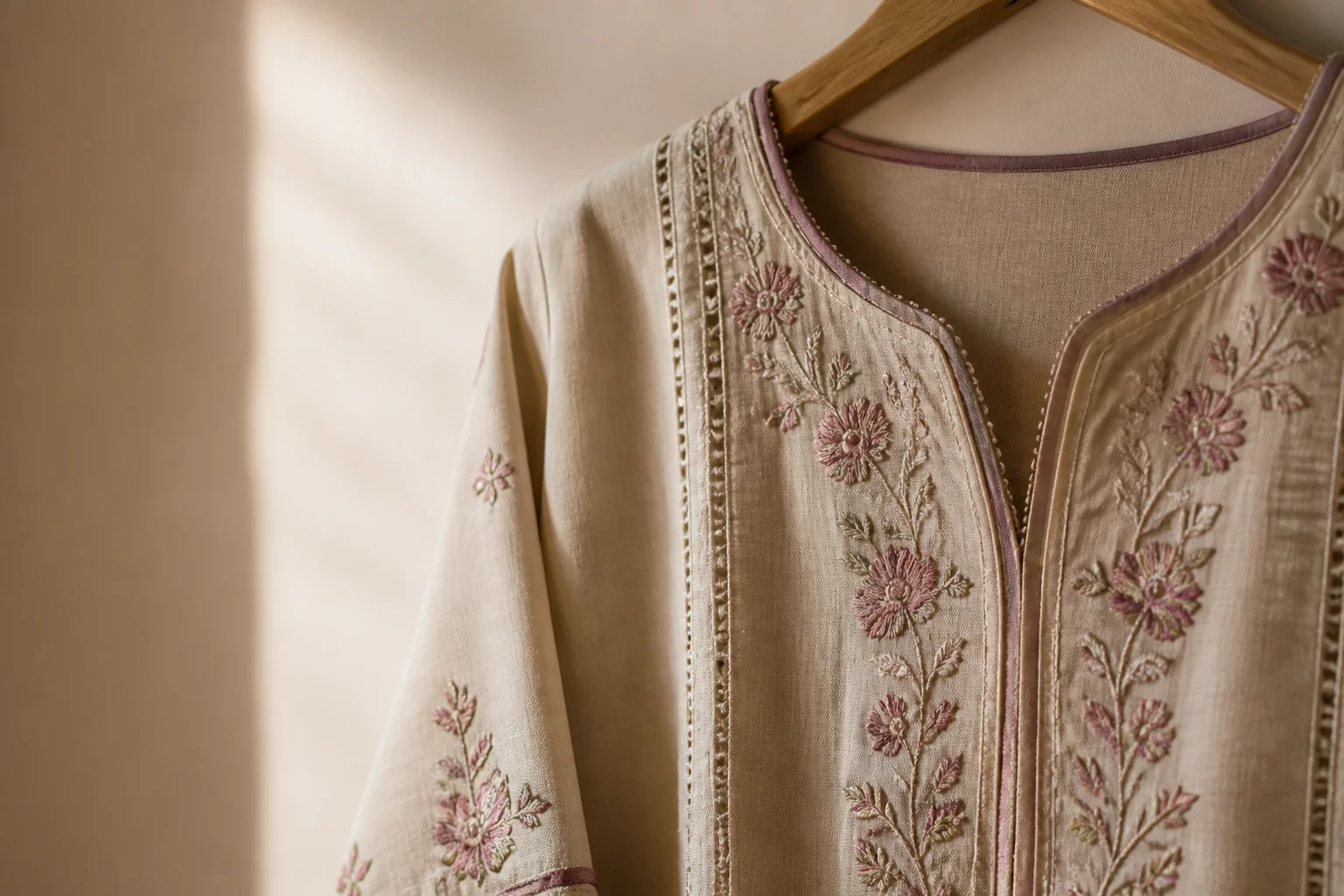 Close detail of a finished pret kurta's hem and embroidery, showing what makes a garment ready to wear
