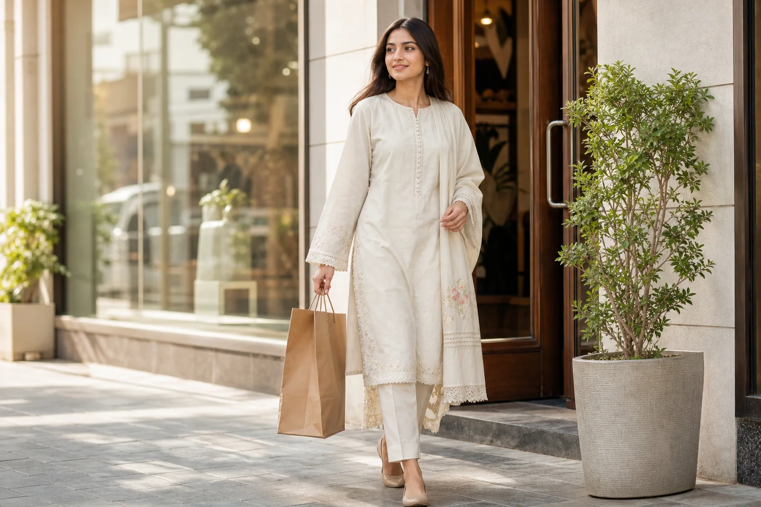 Woman leaving a boutique with a shopping bag wearing a modern ivory Pakistani pret kurta set